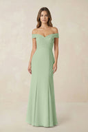 Off - the Shoulder Mermaid Chiffon Bridesmaid Dress in Sage - KissProm Bridesmaid Dresses