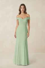 Off - the Shoulder Mermaid Chiffon Bridesmaid Dress in Sage - KissProm Bridesmaid Dresses