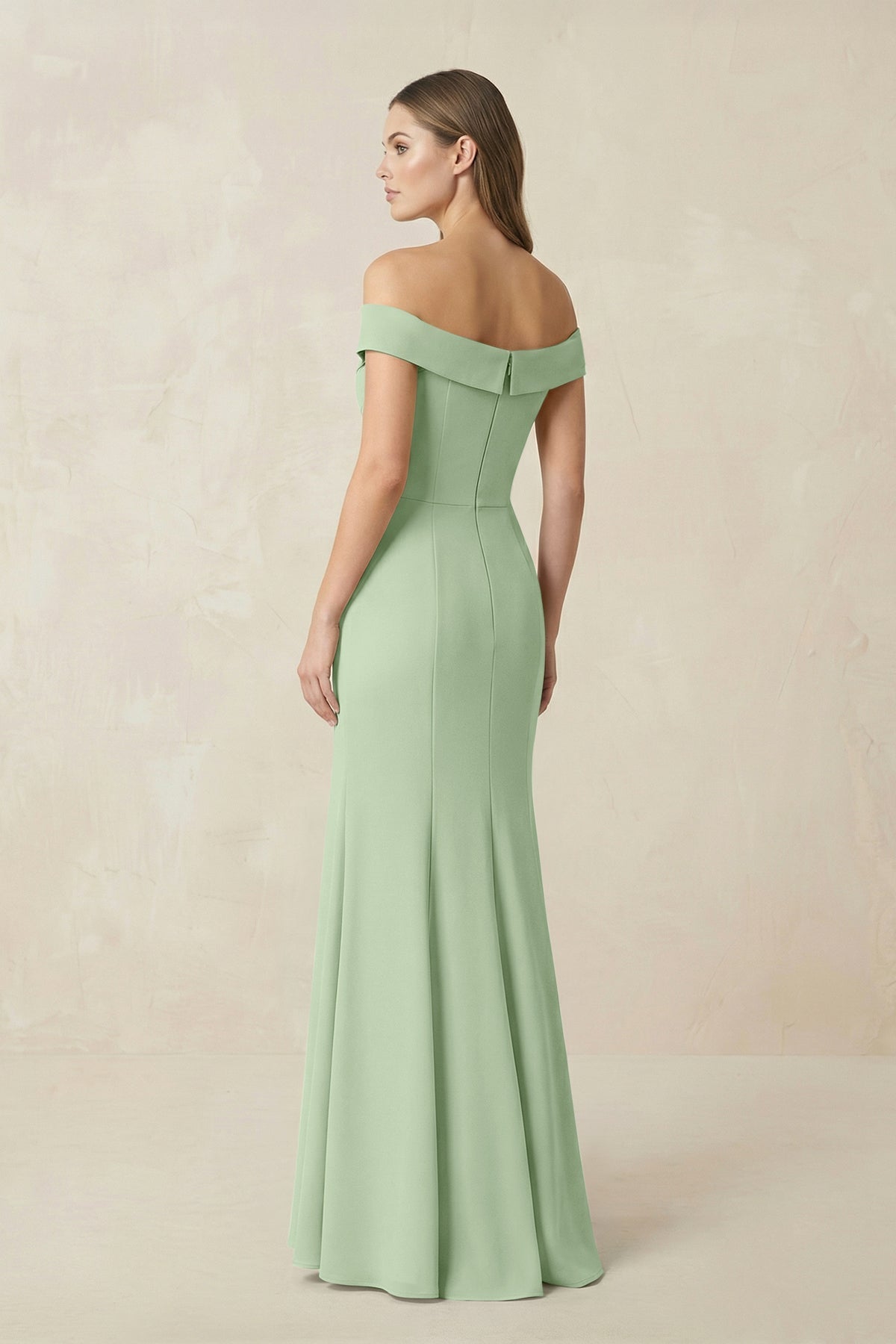 KissProm Off-the Shoulder Mermaid Chiffon Bridesmaid Dress in Sage, Sage / 12