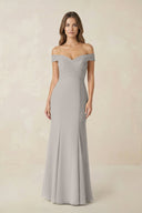 Off - the Shoulder Mermaid Chiffon Bridesmaid Dress in Silver - KissProm Bridesmaid Dresses
