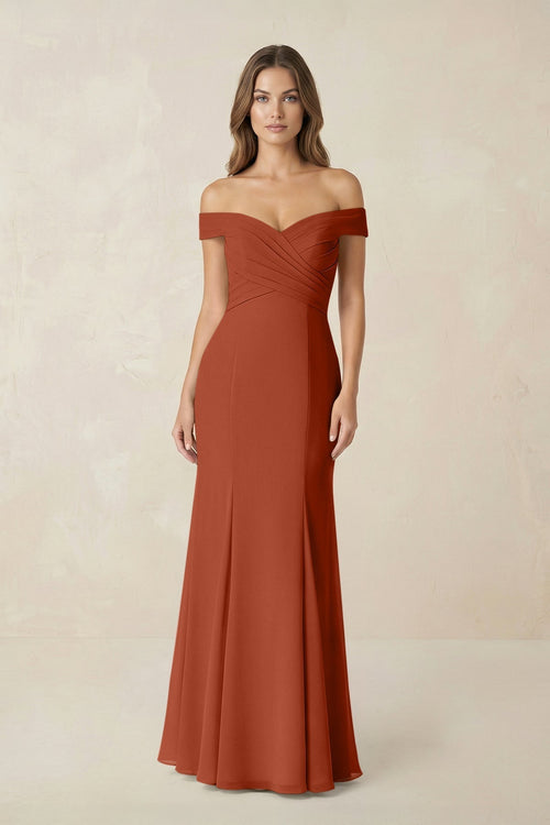 Off - the Shoulder Mermaid Chiffon Bridesmaid Dress in Spice - KissProm Bridesmaid Dresses