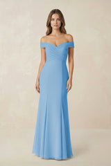 Off - the Shoulder Mermaid Chiffon Bridesmaid Dress in Steel Blue - KissProm Bridesmaid Dresses