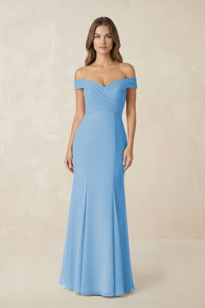 Off - the Shoulder Mermaid Chiffon Bridesmaid Dress in Steel Blue - KissProm Bridesmaid Dresses
