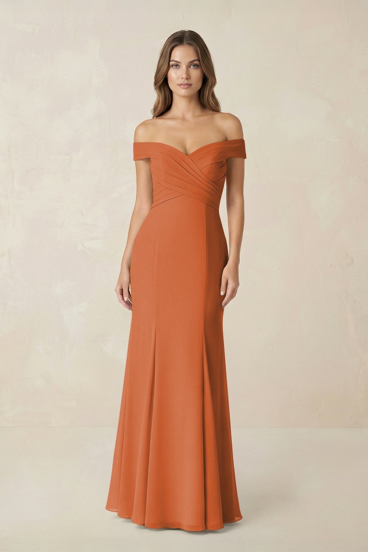 KissProm Off-the Shoulder Mermaid Chiffon Bridesmaid Dress in Terracotta, Terracotta / 28
