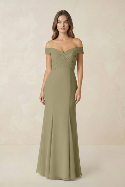 Off - the Shoulder Mermaid Chiffon Bridesmaid Dress in Thyme - KissProm Bridesmaid Dresses