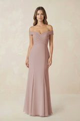 Off - the Shoulder Mermaid Chiffon Bridesmaid Dress in Toffee - KissProm Bridesmaid Dresses