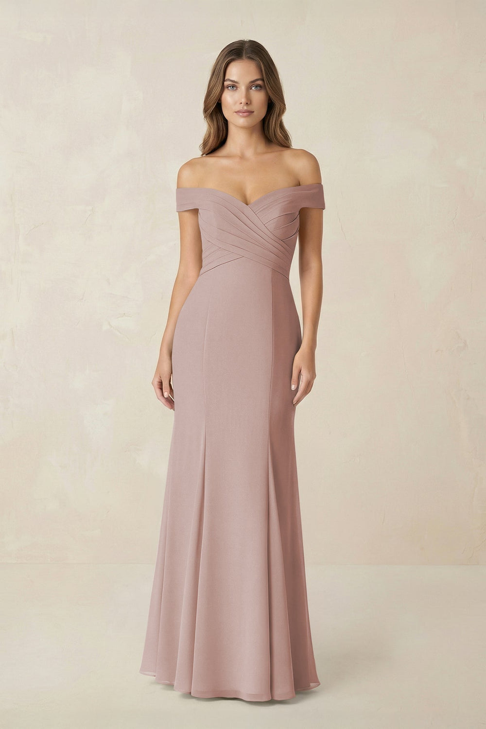 Off - the Shoulder Mermaid Chiffon Bridesmaid Dress in Toffee - KissProm Bridesmaid Dresses