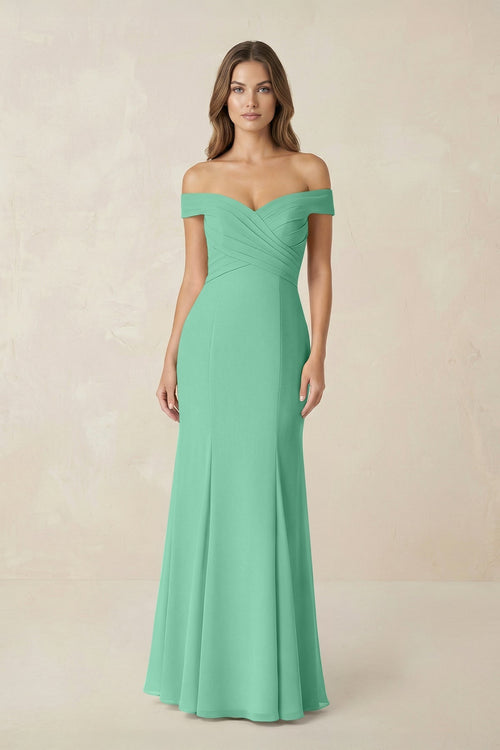 Off - the Shoulder Mermaid Chiffon Bridesmaid Dress in Turquoise - KissProm Bridesmaid Dresses