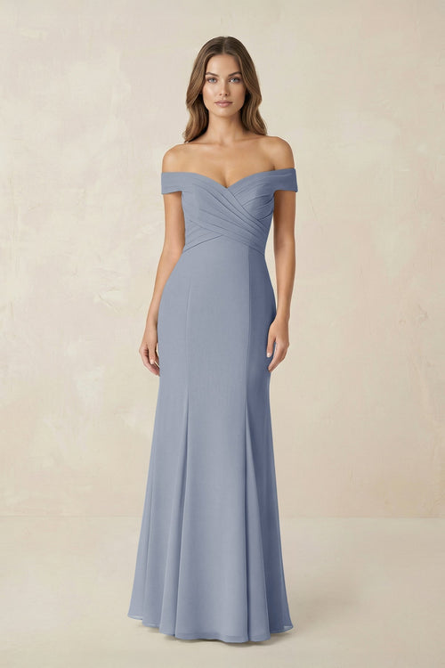 Off - the Shoulder Mermaid Chiffon Bridesmaid Dress in Twilight - KissProm Bridesmaid Dresses