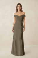 Off - the Shoulder Mermaid Chiffon Bridesmaid Dress in Willow Green - KissProm Bridesmaid Dresses