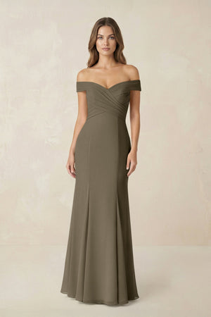 Off - the Shoulder Mermaid Chiffon Bridesmaid Dress in Willow Green - KissProm Bridesmaid Dresses