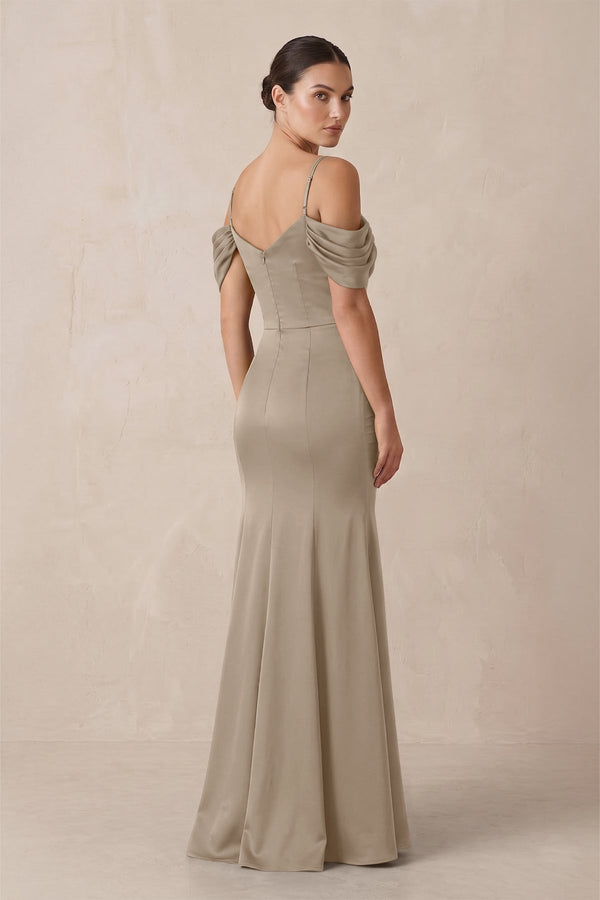 Off - the - Shoulder Mermaid Ruched Bridesmaid Dress in Almond - KissProm Bridesmaid Dresses