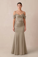 Off - the - Shoulder Mermaid Ruched Bridesmaid Dress in Almond - KissProm Bridesmaid Dresses
