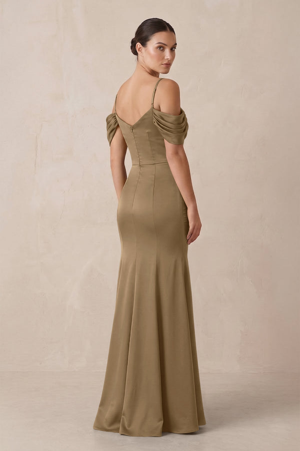 Off - the - Shoulder Mermaid Ruched Bridesmaid Dress in Apple Cinnamon - KissProm Bridesmaid Dresses