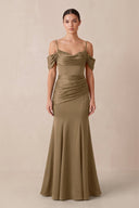 Off - the - Shoulder Mermaid Ruched Bridesmaid Dress in Apple Cinnamon - KissProm Bridesmaid Dresses