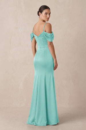Off - the - Shoulder Mermaid Ruched Bridesmaid Dress in Aqua - KissProm Bridesmaid Dresses