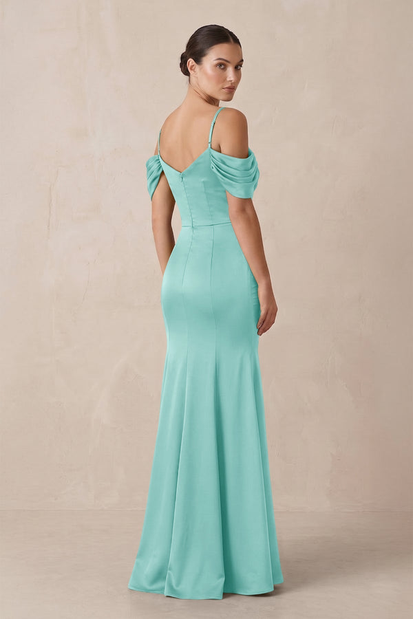 Off - the - Shoulder Mermaid Ruched Bridesmaid Dress in Aqua - KissProm Bridesmaid Dresses