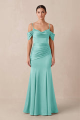 Off - the - Shoulder Mermaid Ruched Bridesmaid Dress in Aqua - KissProm Bridesmaid Dresses