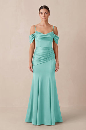 Off - the - Shoulder Mermaid Ruched Bridesmaid Dress in Aqua - KissProm Bridesmaid Dresses