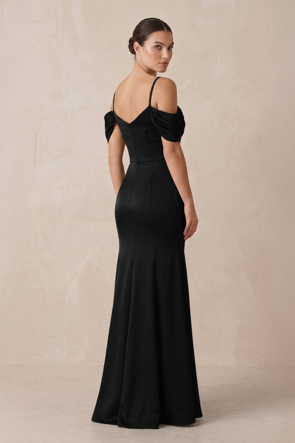 Off - the - Shoulder Mermaid Ruched Bridesmaid Dress in Black - KissProm Bridesmaid Dresses