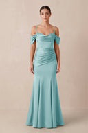 Off - the - Shoulder Mermaid Ruched Bridesmaid Dress in Bleached Aqua - KissProm Bridesmaid Dresses
