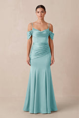 Off - the - Shoulder Mermaid Ruched Bridesmaid Dress in Bleached Aqua - KissProm Bridesmaid Dresses