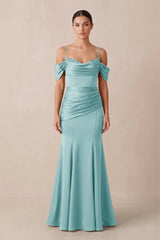 Off - the - Shoulder Mermaid Ruched Bridesmaid Dress in Bleached Aqua - KissProm Bridesmaid Dresses