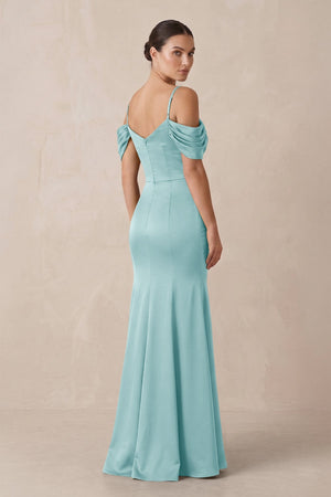 Off - the - Shoulder Mermaid Ruched Bridesmaid Dress in Bleached Aqua - KissProm Bridesmaid Dresses