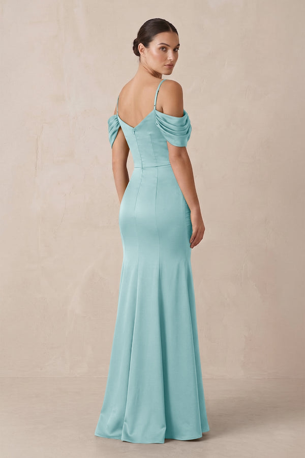 Off - the - Shoulder Mermaid Ruched Bridesmaid Dress in Bleached Aqua - KissProm Bridesmaid Dresses