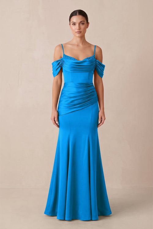 Off - the - Shoulder Mermaid Ruched Bridesmaid Dress in Blue Jay - KissProm Bridesmaid Dresses