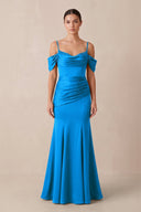Off - the - Shoulder Mermaid Ruched Bridesmaid Dress in Blue Jay - KissProm Bridesmaid Dresses