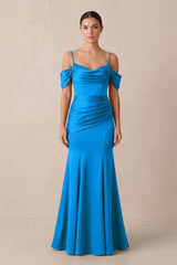 Off - the - Shoulder Mermaid Ruched Bridesmaid Dress in Blue Jay - KissProm Bridesmaid Dresses