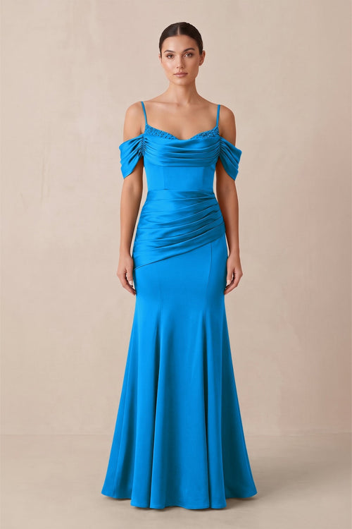 Off - the - Shoulder Mermaid Ruched Bridesmaid Dress in Blue Jay - KissProm Bridesmaid Dresses