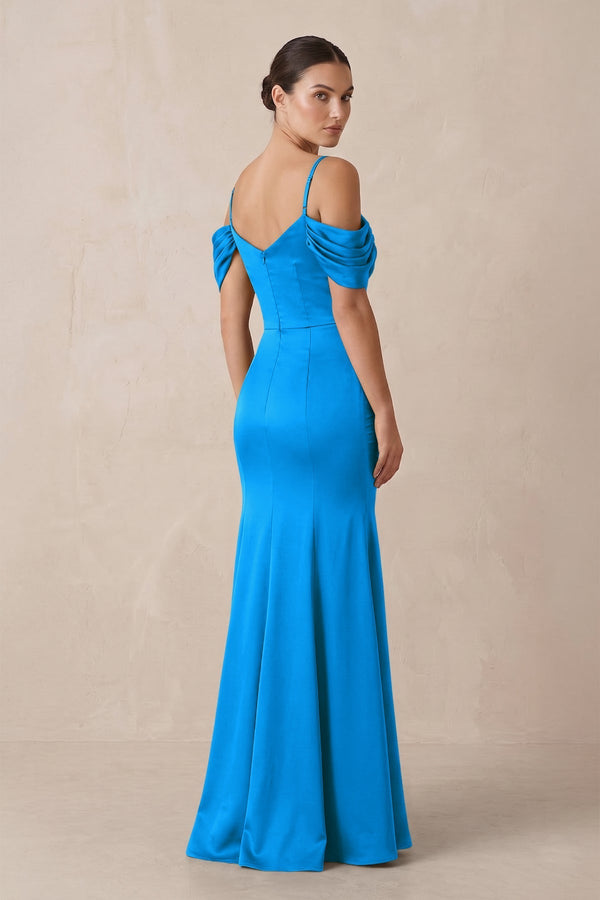 Off - the - Shoulder Mermaid Ruched Bridesmaid Dress in Blue Jay - KissProm Bridesmaid Dresses
