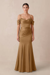 Off - the - Shoulder Mermaid Ruched Bridesmaid Dress in Bronzer - KissProm Bridesmaid Dresses