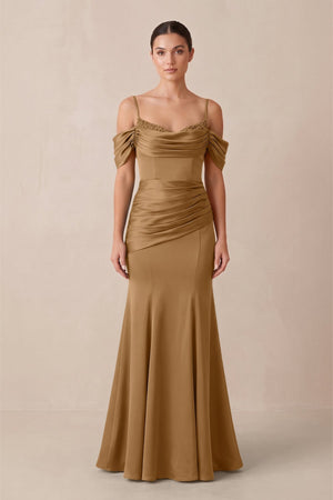 Off - the - Shoulder Mermaid Ruched Bridesmaid Dress in Bronzer - KissProm Bridesmaid Dresses