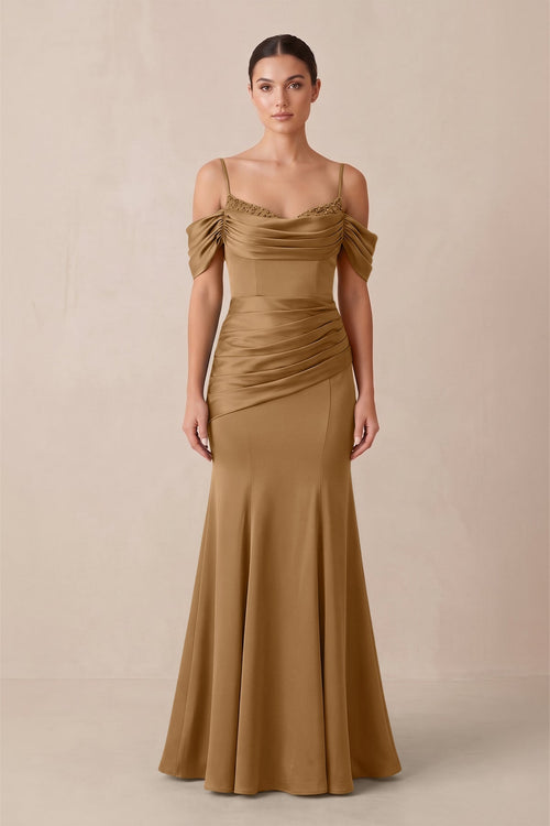 Off - the - Shoulder Mermaid Ruched Bridesmaid Dress in Bronzer - KissProm Bridesmaid Dresses
