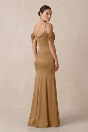 Off - the - Shoulder Mermaid Ruched Bridesmaid Dress in Bronzer - KissProm Bridesmaid Dresses
