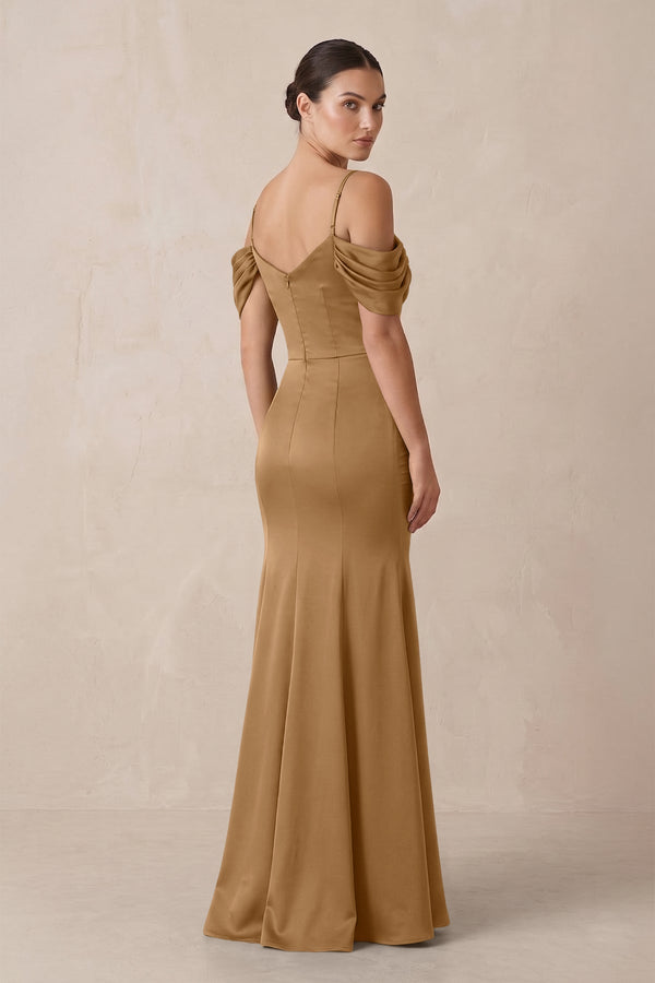 Off - the - Shoulder Mermaid Ruched Bridesmaid Dress in Bronzer - KissProm Bridesmaid Dresses