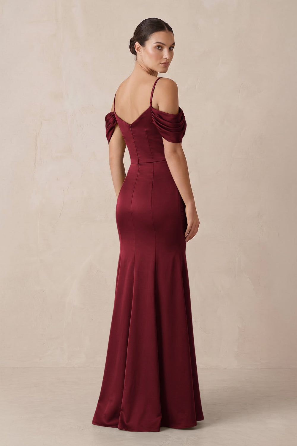 Off - the - Shoulder Mermaid Ruched Bridesmaid Dress in Burgundy - KissProm Bridesmaid Dresses
