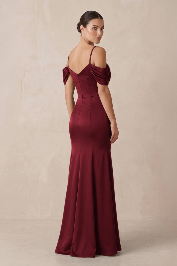 Off - the - Shoulder Mermaid Ruched Bridesmaid Dress in Burgundy - KissProm Bridesmaid Dresses