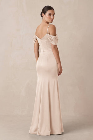 Off - the - Shoulder Mermaid Ruched Bridesmaid Dress in Buttercream - KissProm Bridesmaid Dresses