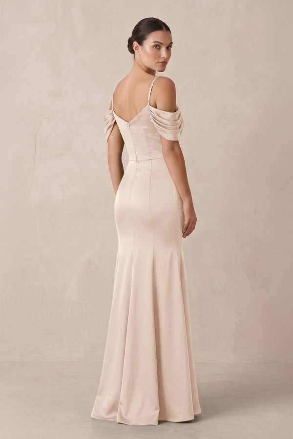 Off - the - Shoulder Mermaid Ruched Bridesmaid Dress in Buttercream - KissProm Bridesmaid Dresses