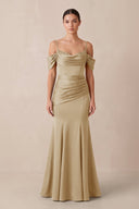 Off - the - Shoulder Mermaid Ruched Bridesmaid Dress in Champagne - KissProm Bridesmaid Dresses