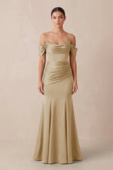 Off - the - Shoulder Mermaid Ruched Bridesmaid Dress in Champagne - KissProm Bridesmaid Dresses