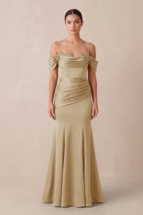 Off - the - Shoulder Mermaid Ruched Bridesmaid Dress in Champagne - KissProm Bridesmaid Dresses