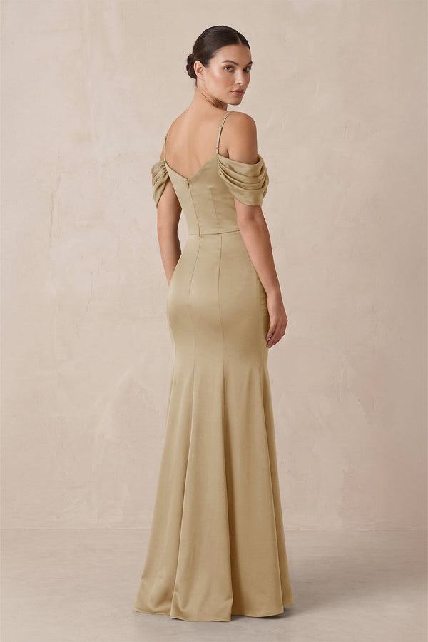 Off - the - Shoulder Mermaid Ruched Bridesmaid Dress in Champagne - KissProm Bridesmaid Dresses