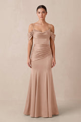 Off - the - Shoulder Mermaid Ruched Bridesmaid Dress in Champagne Rose - KissProm Bridesmaid Dresses
