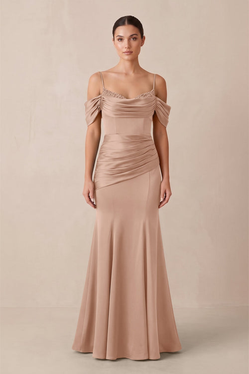 Off - the - Shoulder Mermaid Ruched Bridesmaid Dress in Champagne Rose - KissProm Bridesmaid Dresses