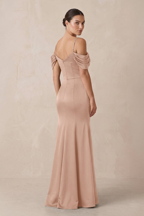 Off - the - Shoulder Mermaid Ruched Bridesmaid Dress in Champagne Rose - KissProm Bridesmaid Dresses